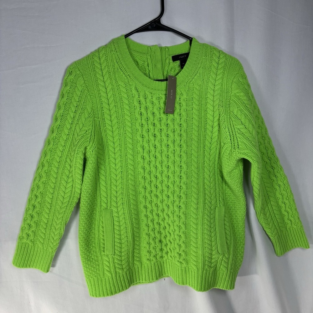 J. Crew Women's Size M Neon Green Wool Cable Knit 3/4 Sleeve Sweater NWT